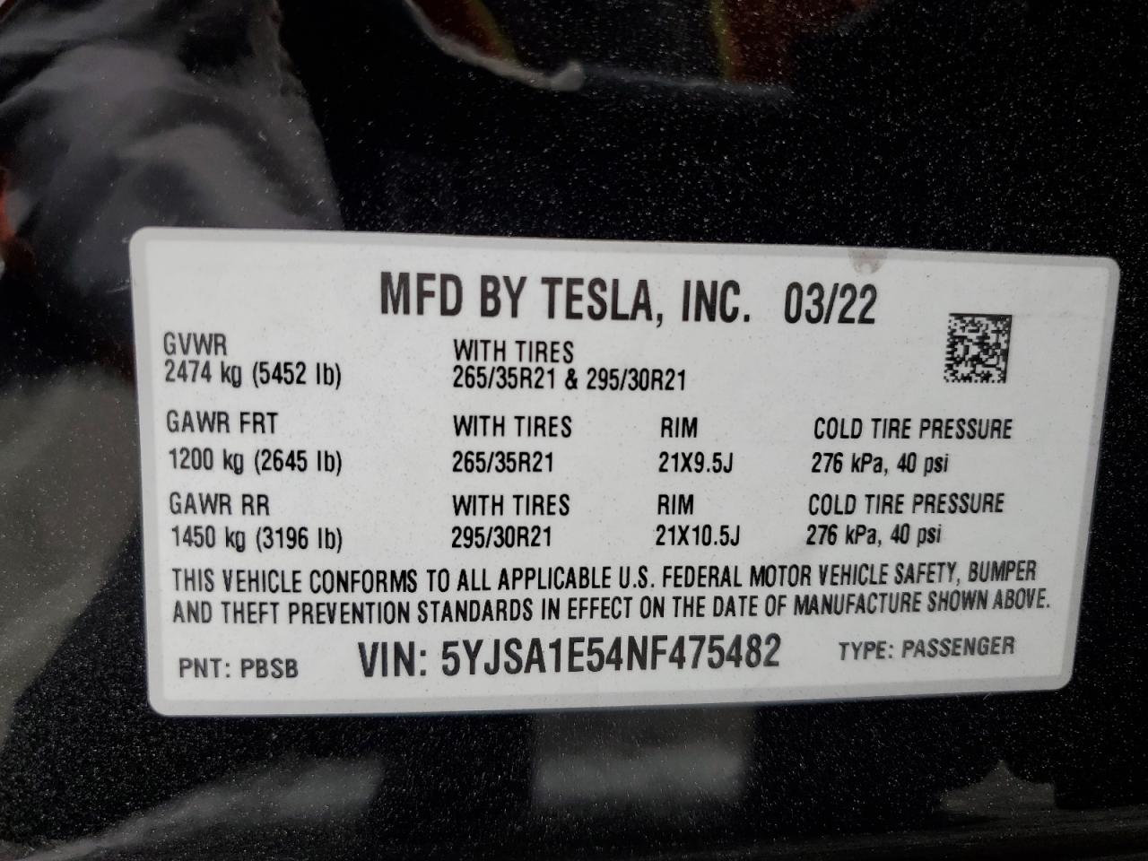 5YJSA1E54NF475482 2022 Tesla Model S