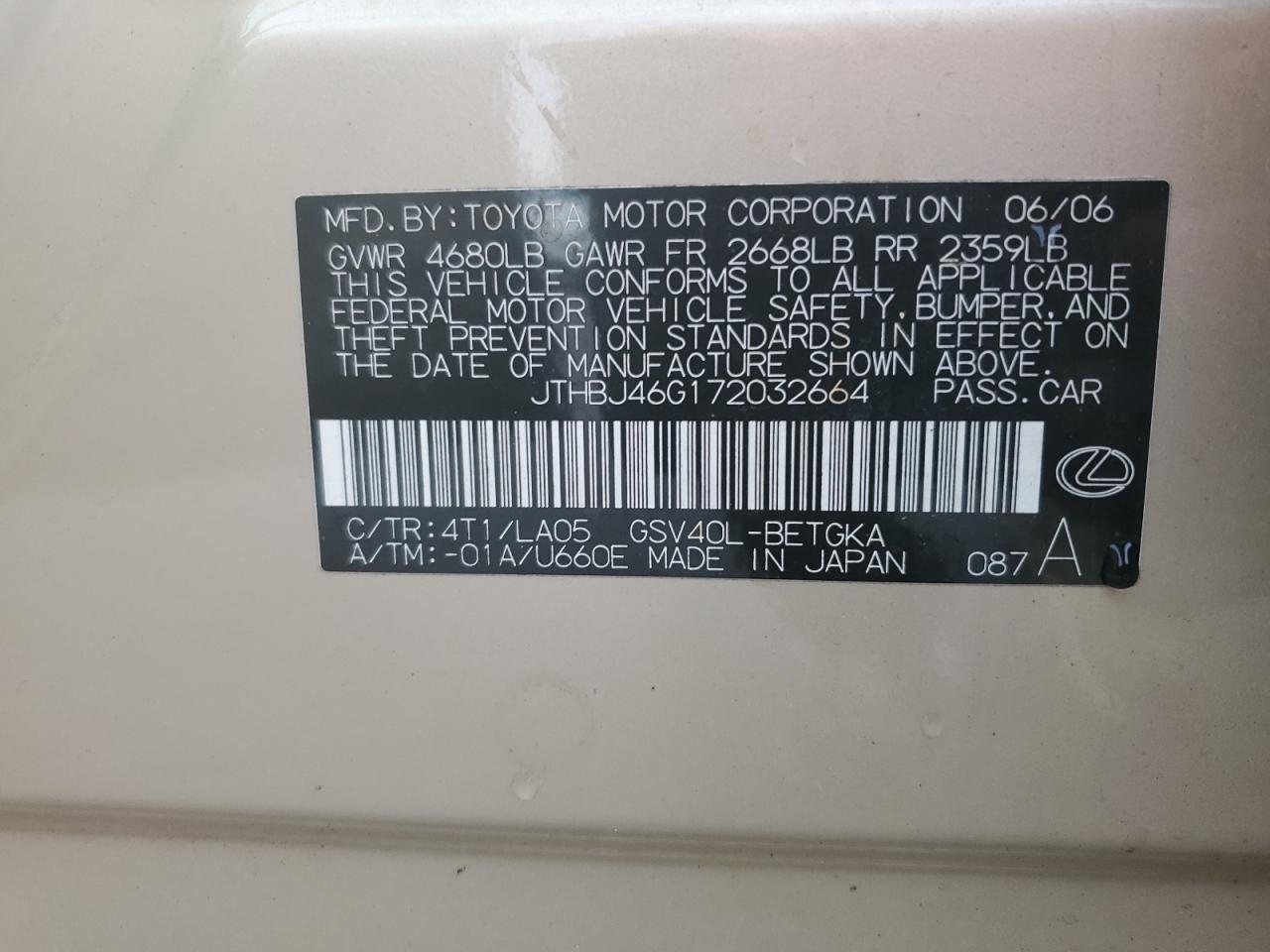 JTHBJ46G172032664 2007 Lexus Es 350