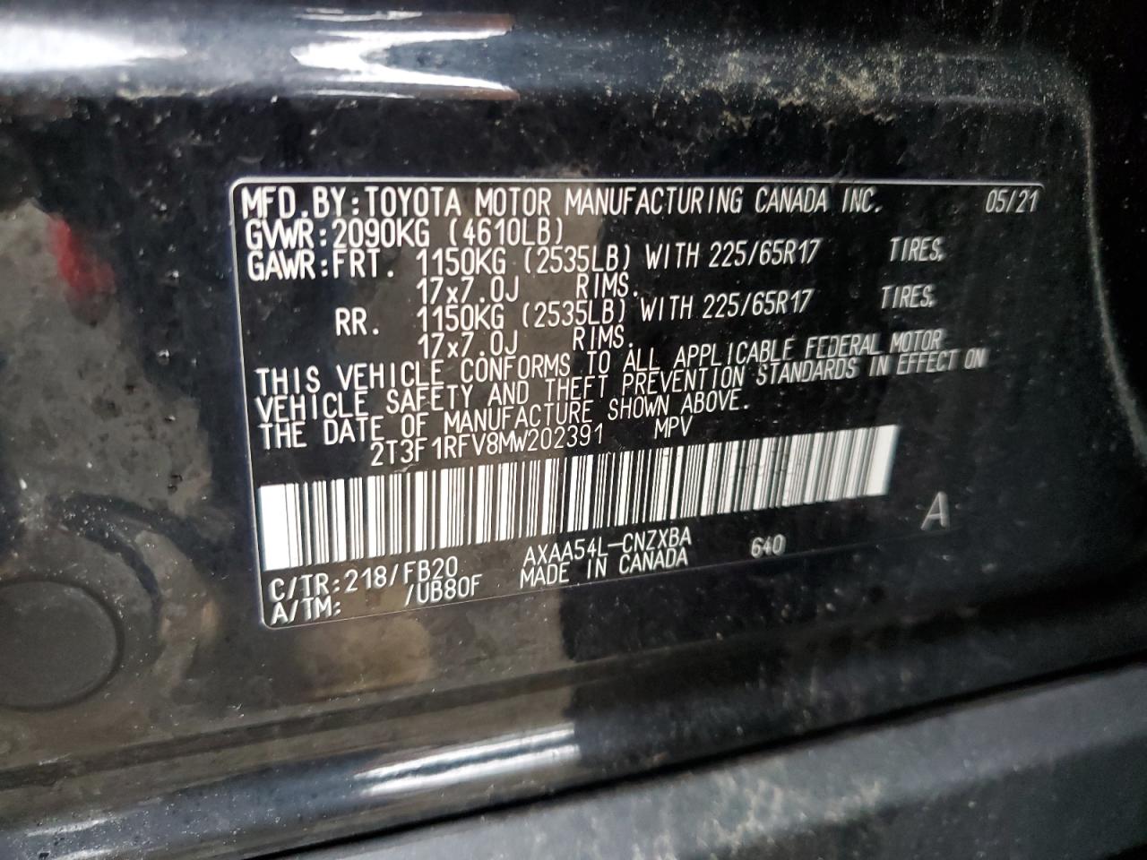 2T3F1RFV8MW202391 2021 Toyota Rav4 Le