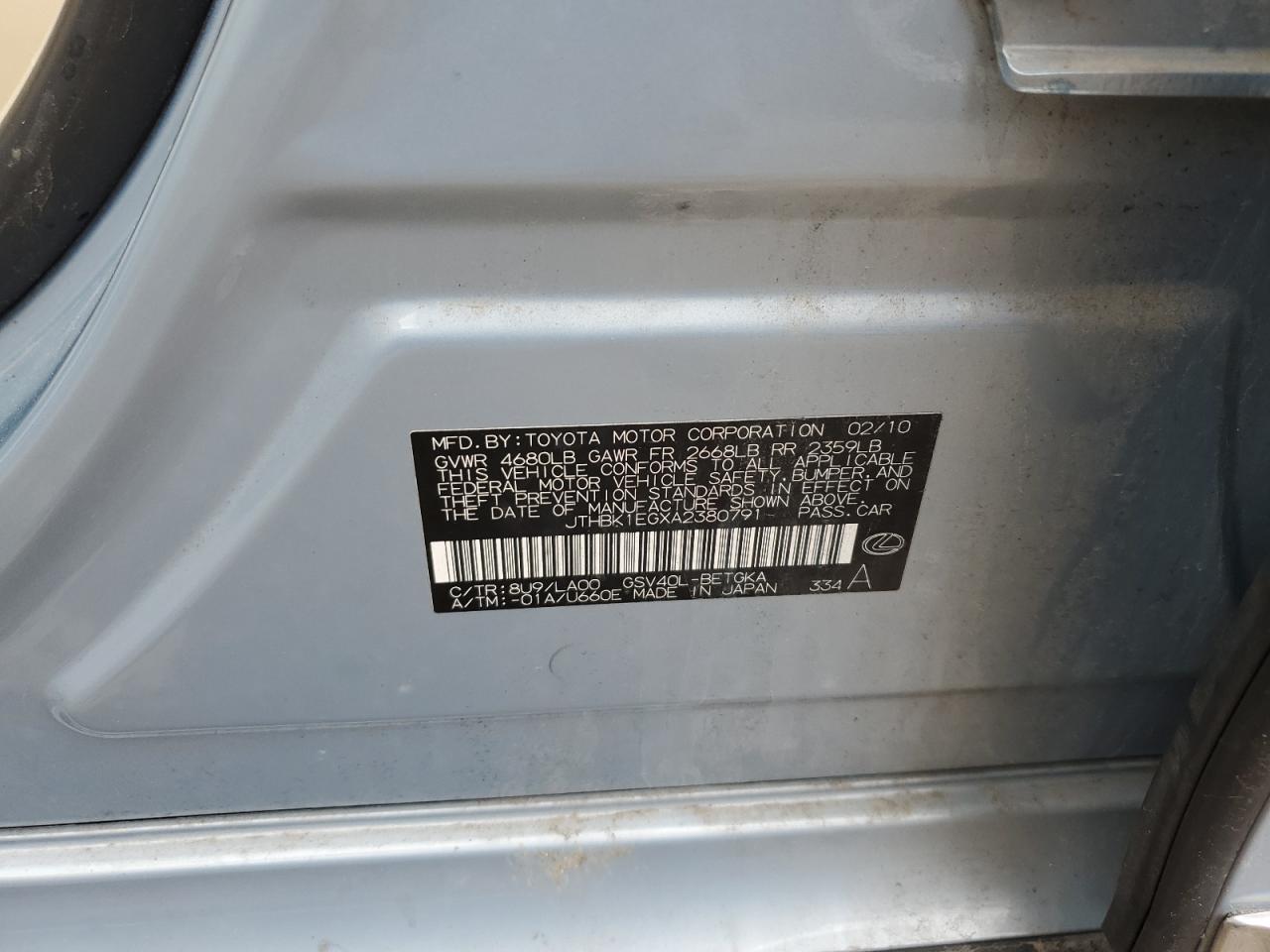 JTHBK1EGXA2380791 2010 Lexus Es 350