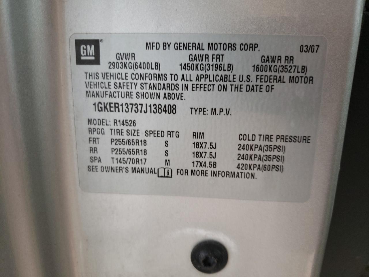 1GKER13737J138408 2007 GMC Acadia Sle