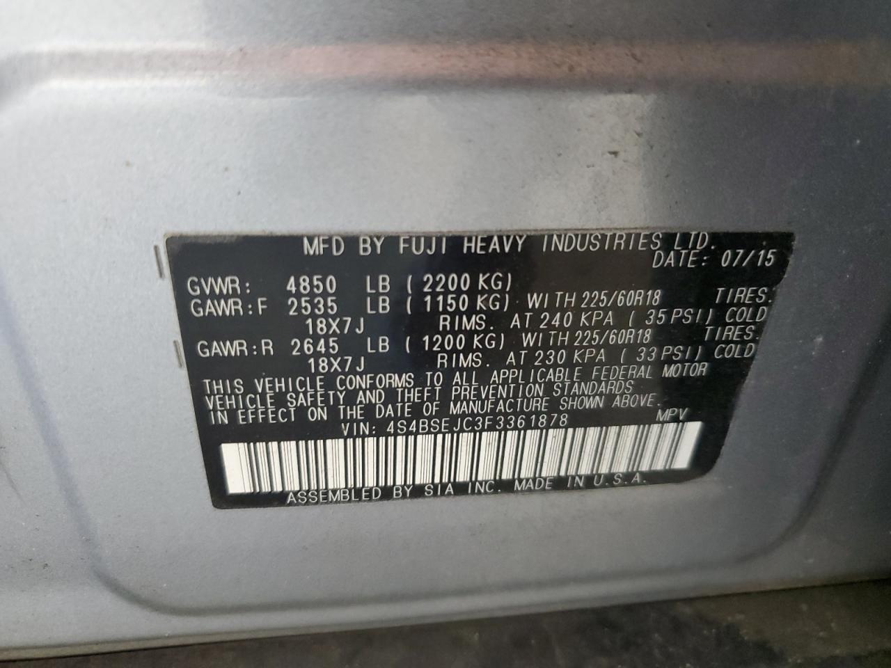 4S4BSEJC3F3361878 2015 Subaru Outback 3.6R Limited