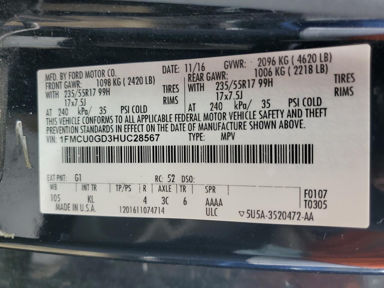 1FMCU0GD3HUC28567 2017 Ford Escape Se