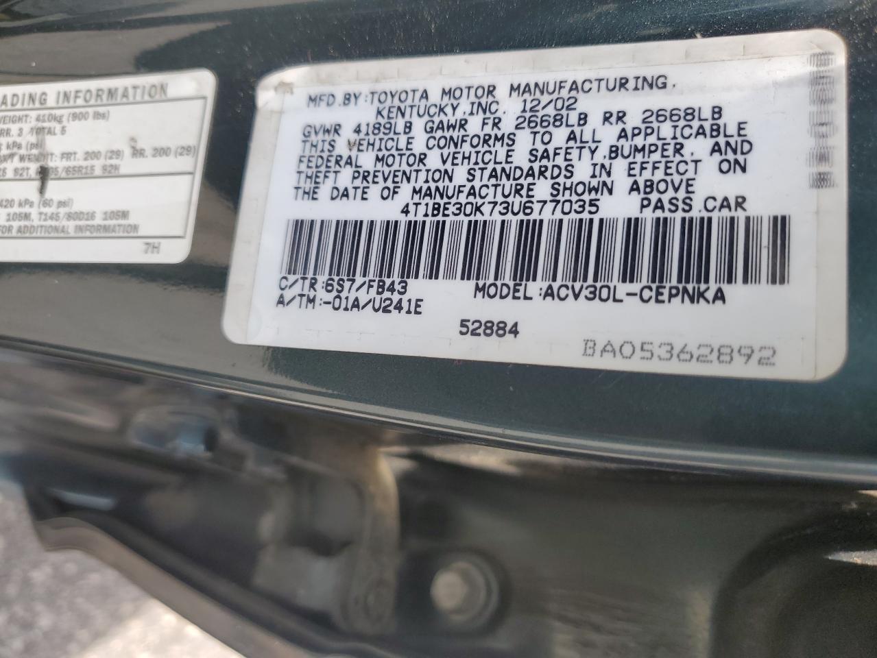 4T1BE30K73U677035 2003 Toyota Camry Le