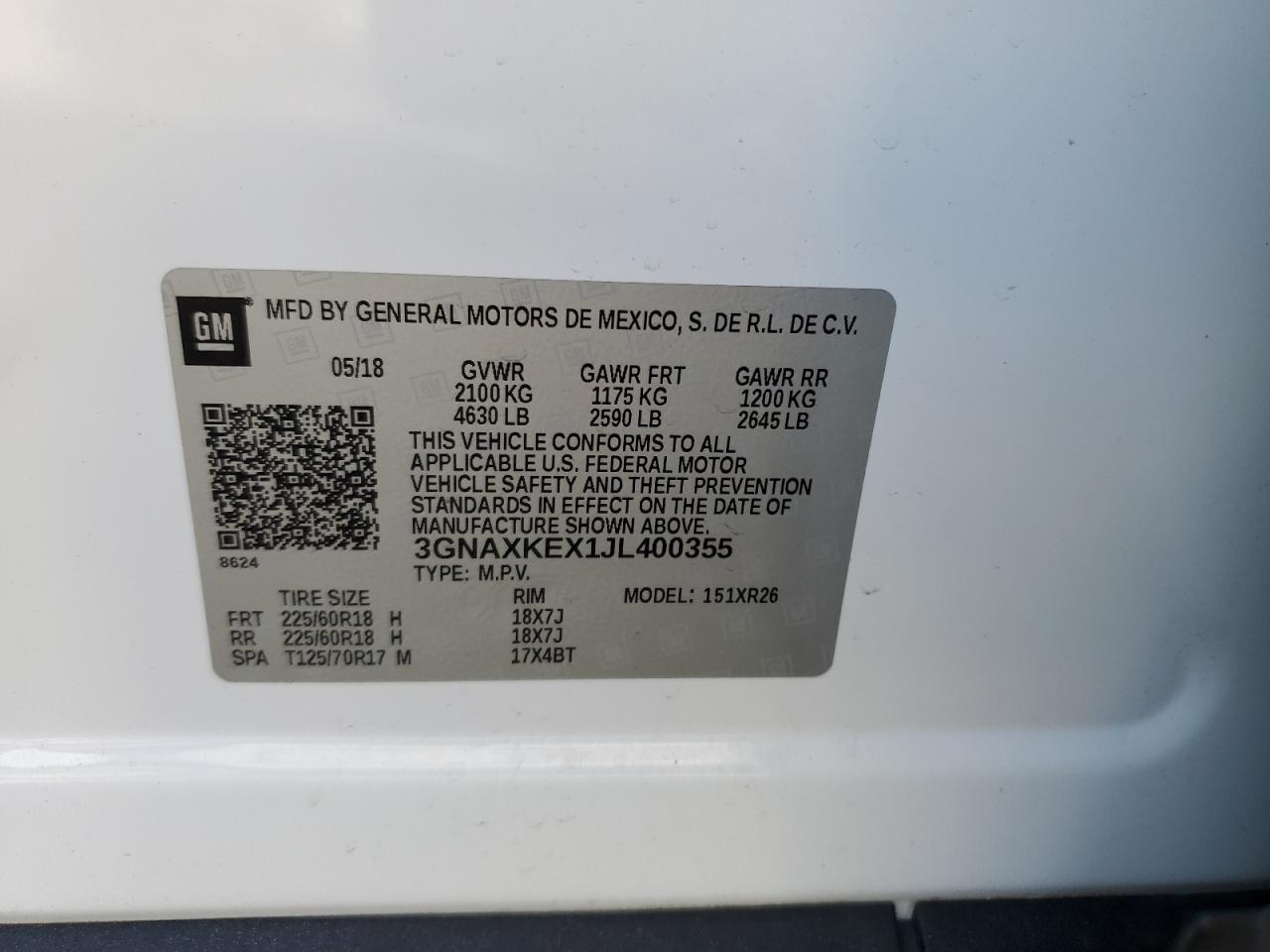 3GNAXKEX1JL400355 2018 Chevrolet Equinox Lt