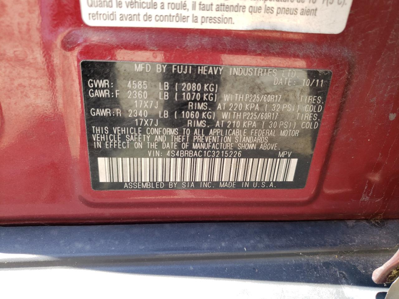 4S4BRBAC1C3215226 2012 Subaru Outback 2.5I