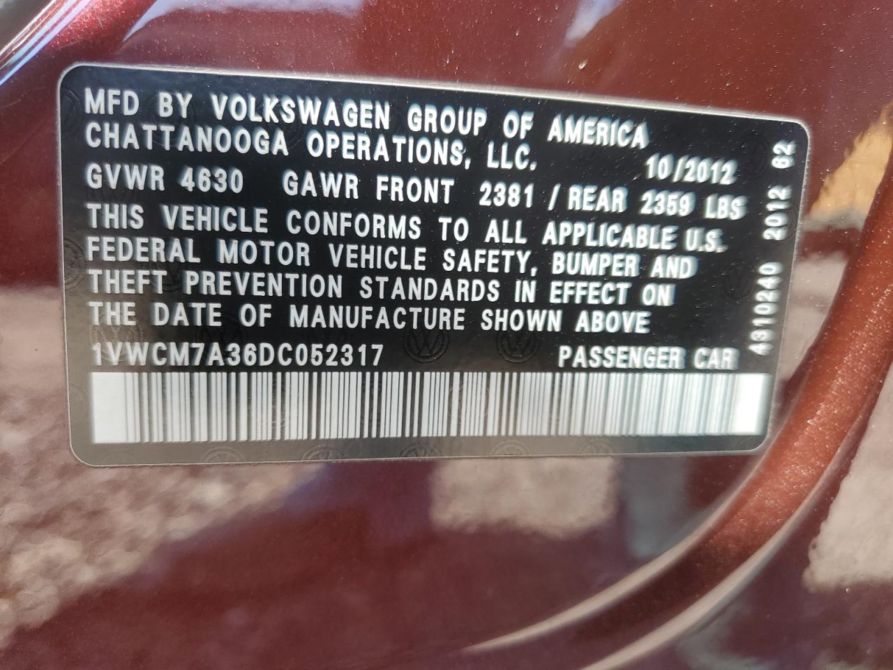 1VWCM7A36DC052317 2013 Volkswagen Passat Sel