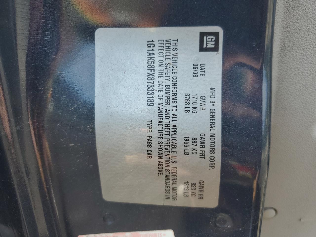 1G1AK58FX87333189 2008 Chevrolet Cobalt Ls