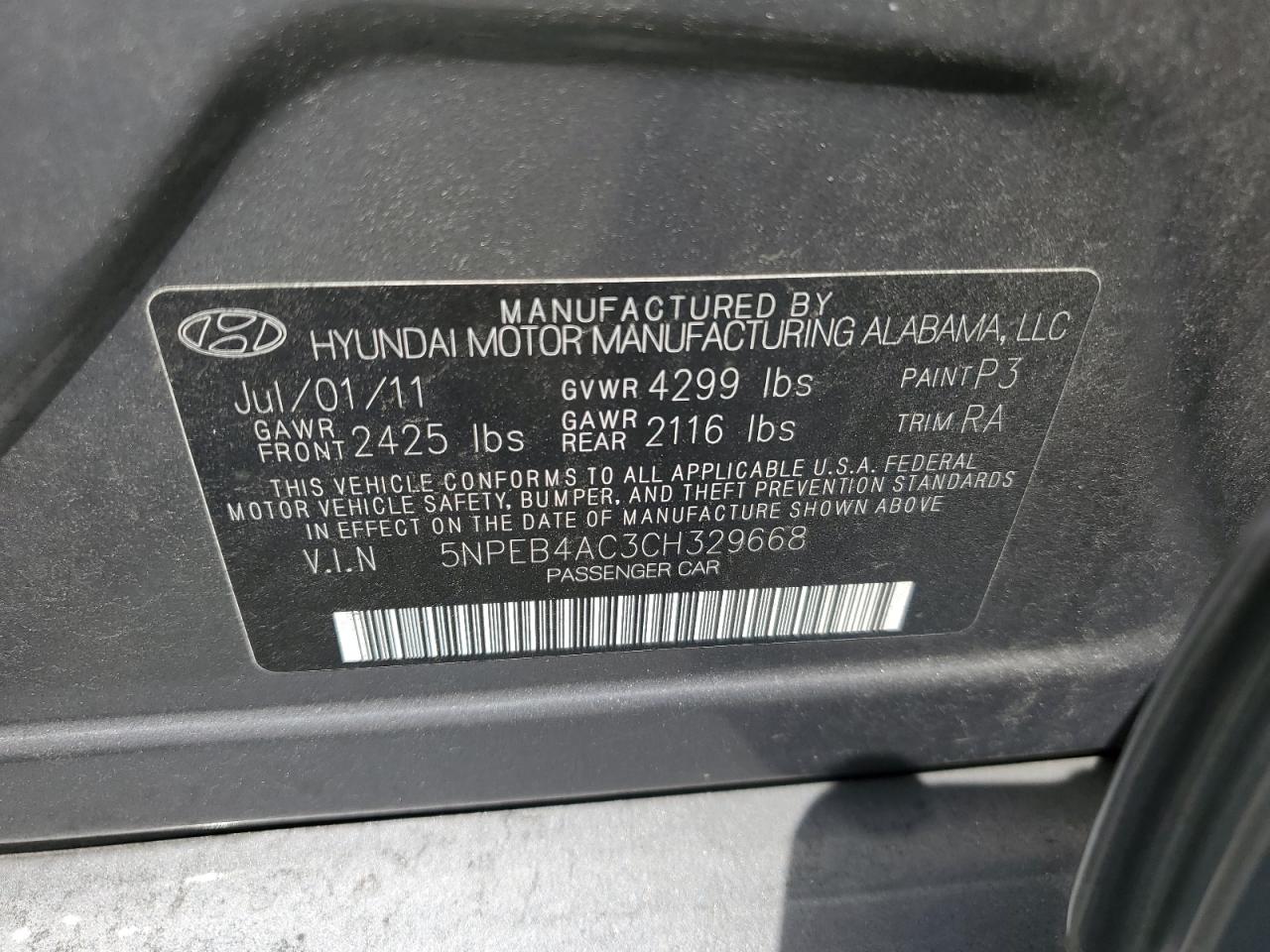 5NPEB4AC3CH329668 2012 Hyundai Sonata Gls