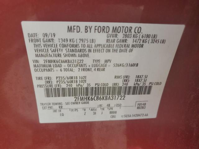 2019 Ford Flex Sel VIN: 2FMHK6C86KBA31722 Lot: 59489564