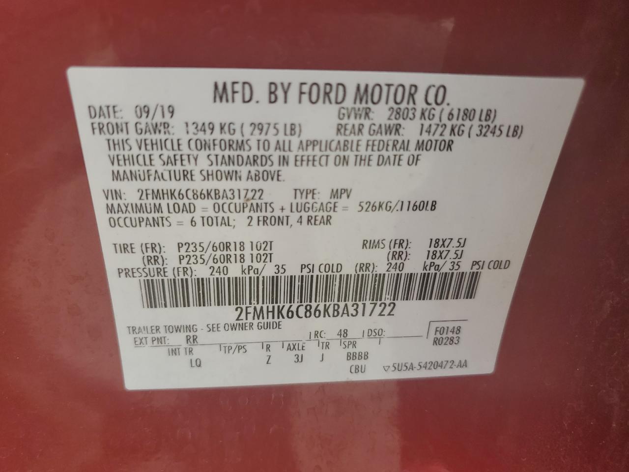 2FMHK6C86KBA31722 2019 Ford Flex Sel