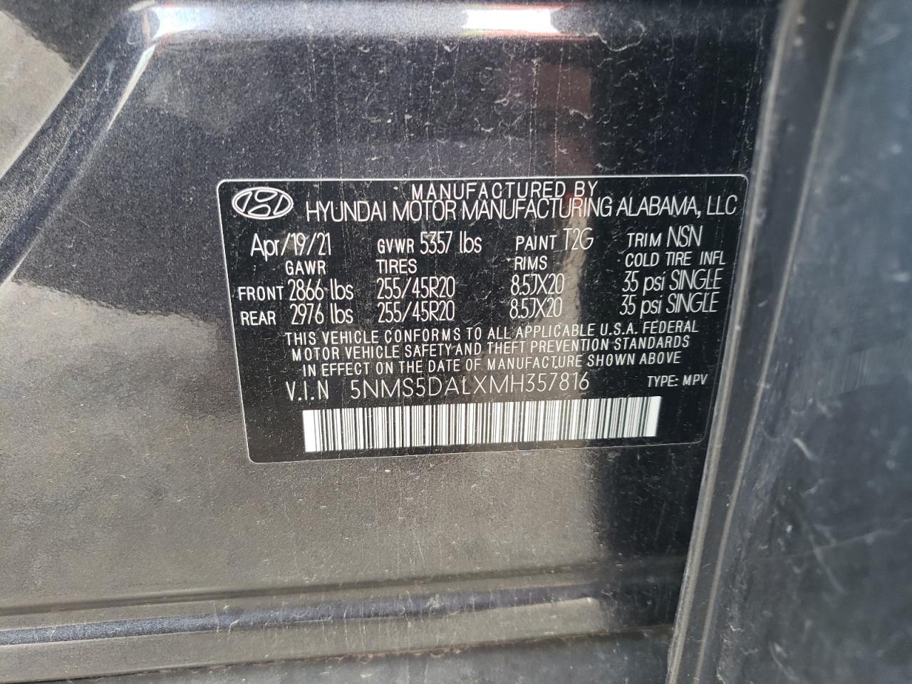 5NMS5DALXMH357816 2021 Hyundai Santa Fe Calligraphy