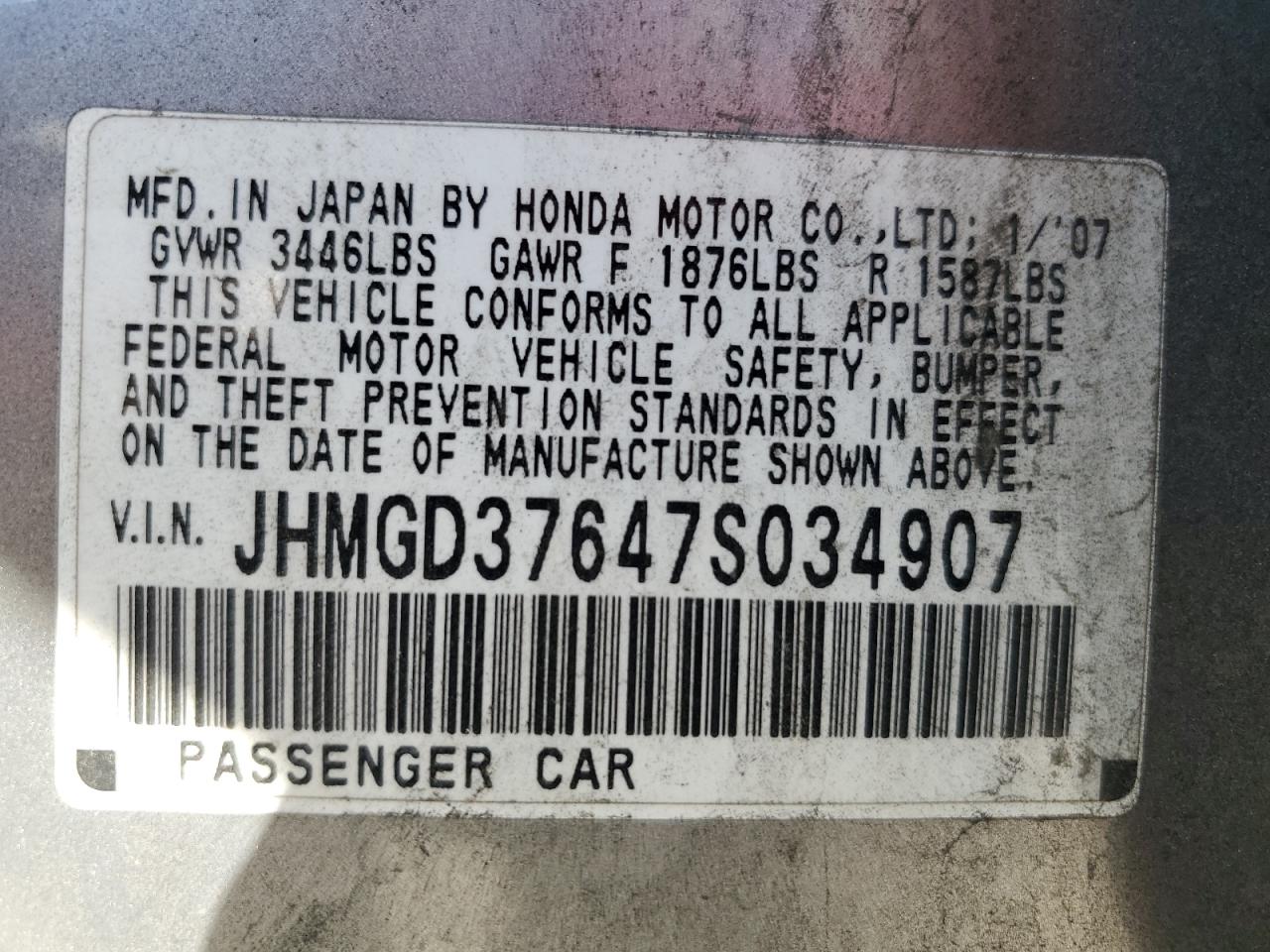 JHMGD37647S034907 2007 Honda Fit S