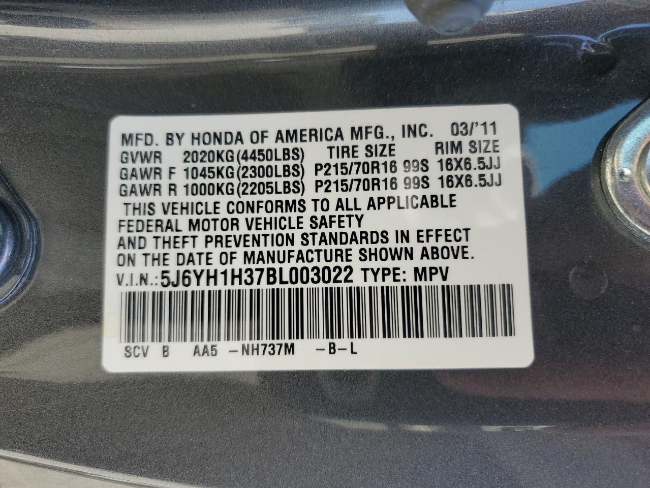 5J6YH1H37BL003022 2011 Honda Element Lx
