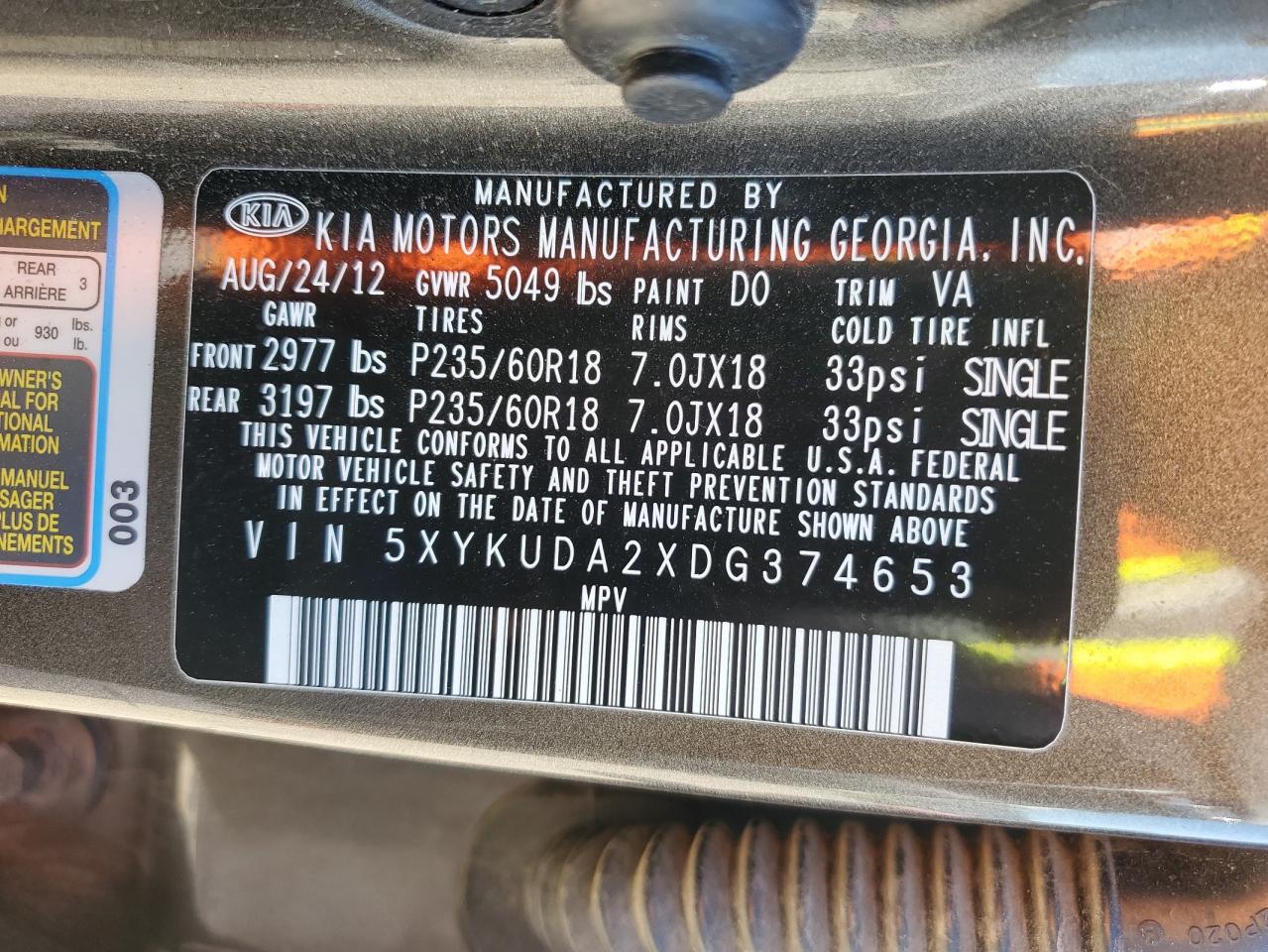 5XYKUDA2XDG374653 2013 Kia Sorento Ex