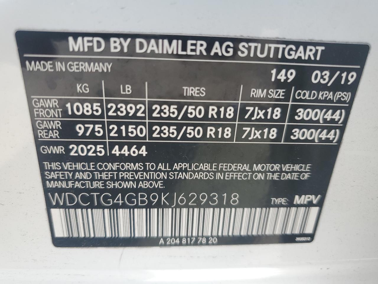 WDCTG4GB9KJ629318 2019 Mercedes-Benz Gla 250 4Matic