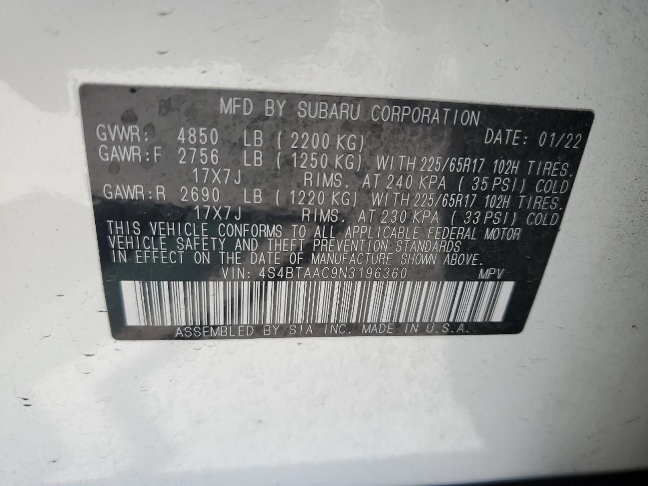 4S4BTAAC9N3196360 2022 Subaru Outback