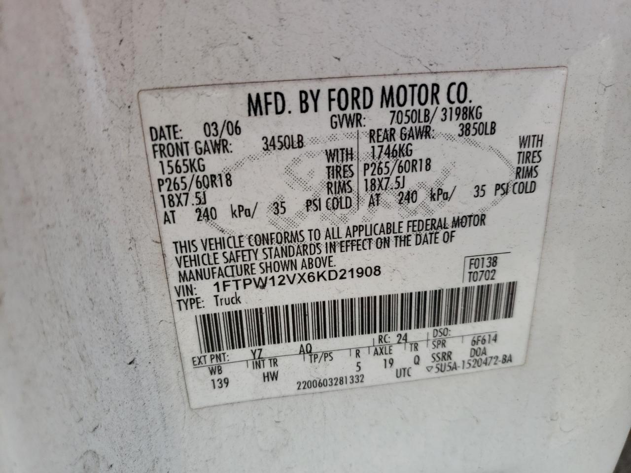 1FTPW12VX6KD21908 2006 Ford F150 Supercrew