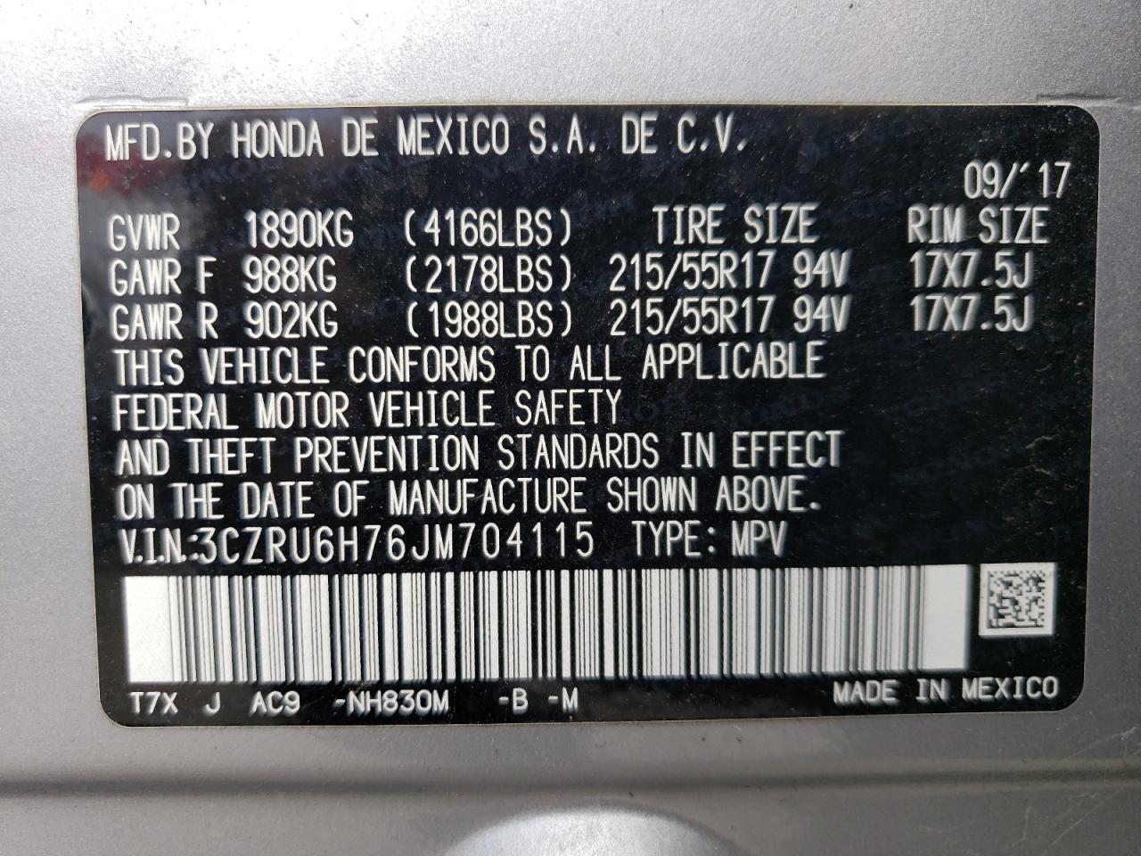 3CZRU6H76JM704115 2018 Honda Hr-V Exl