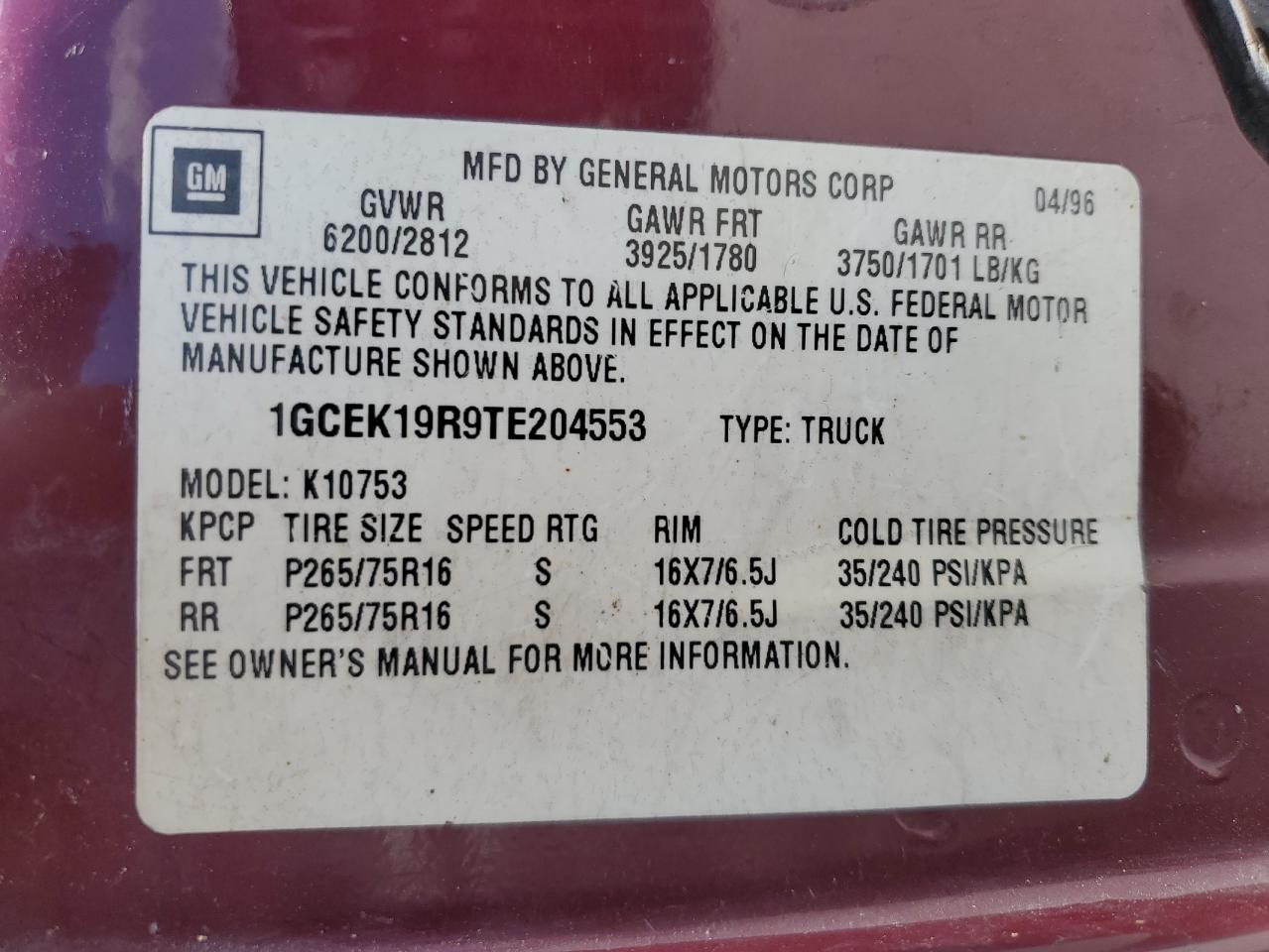 1GCEK19R9TE204553 1996 Chevrolet Gmt-400 K1500