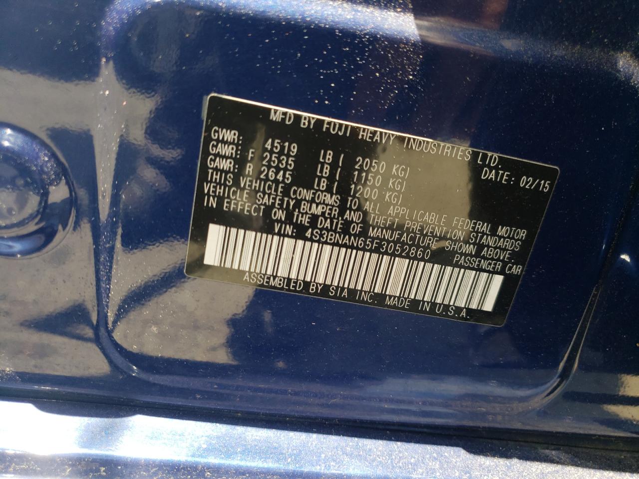 4S3BNAN65F3052860 2015 Subaru Legacy 2.5I Limited