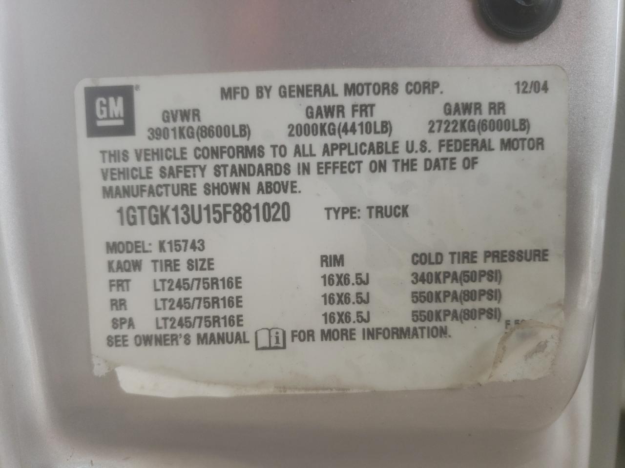 1GTGK13U15F881020 2005 GMC Sierra K1500 Heavy Duty