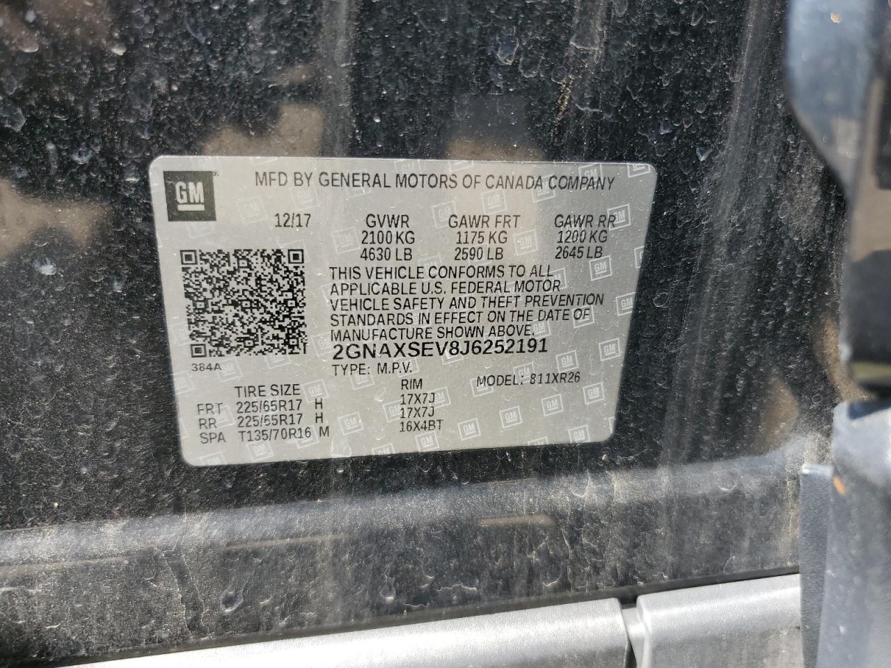 2GNAXSEV8J6252191 2018 Chevrolet Equinox Lt