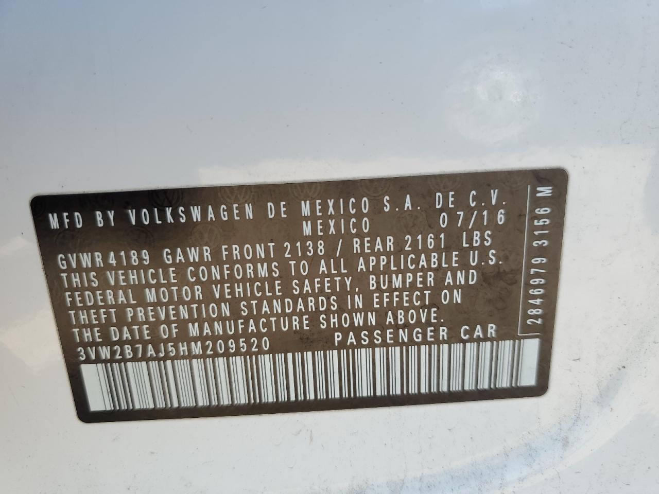 3VW2B7AJ5HM209520 2017 Volkswagen Jetta S