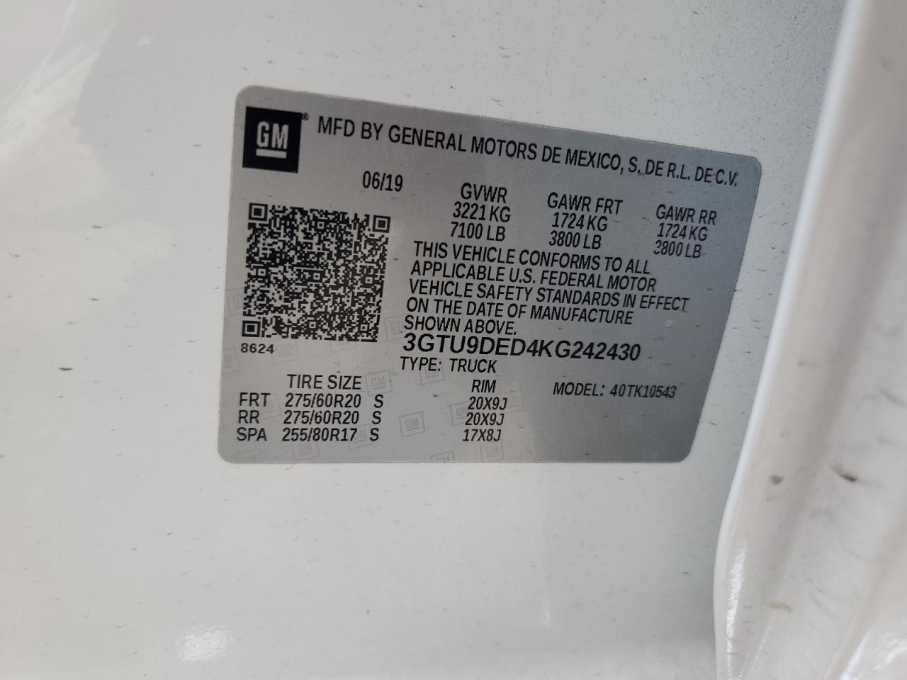 3GTU9DED4KG242430 2019 GMC Sierra K1500 Slt