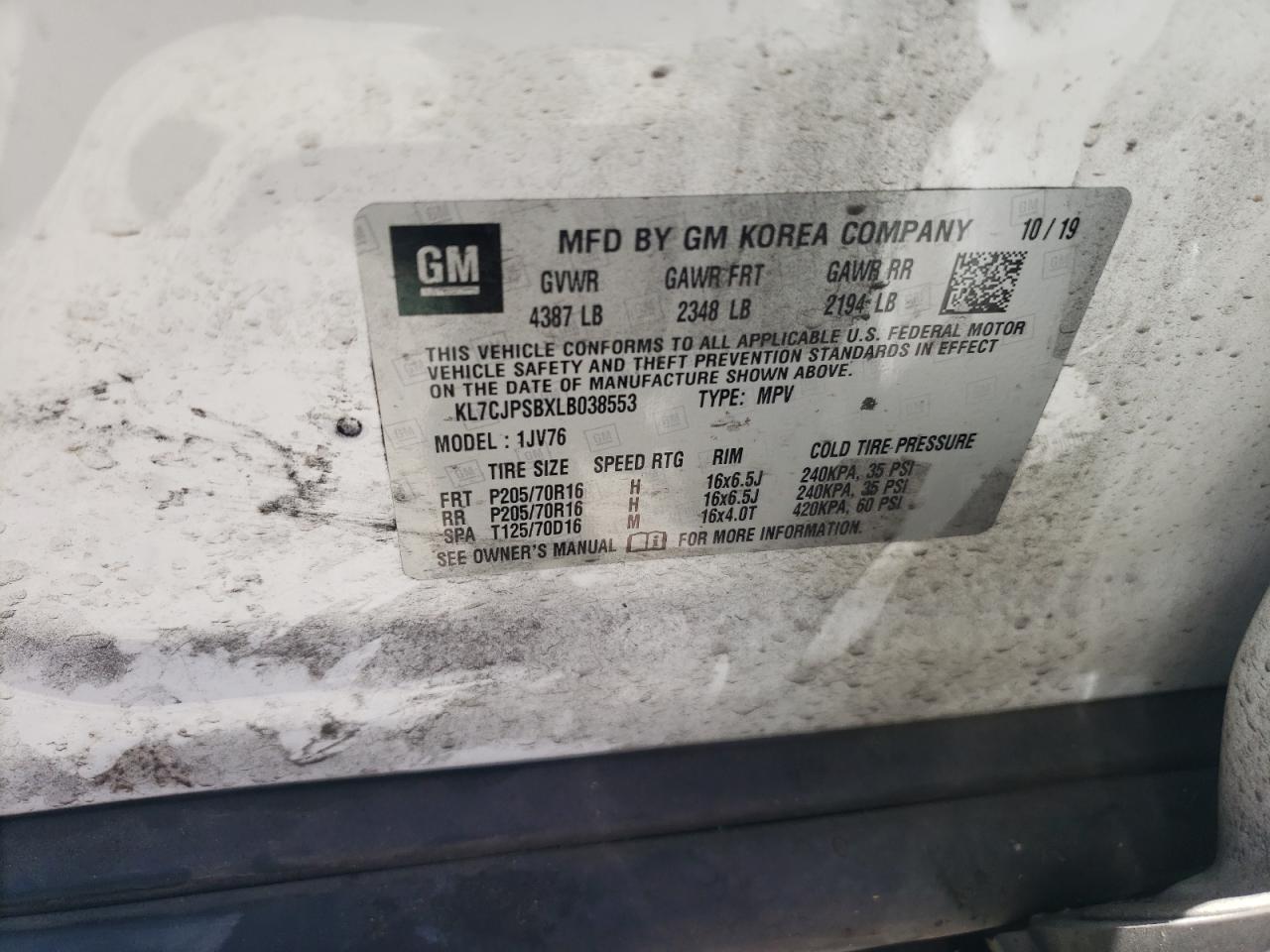 KL7CJPSBXLB038553 2020 Chevrolet Trax 1Lt