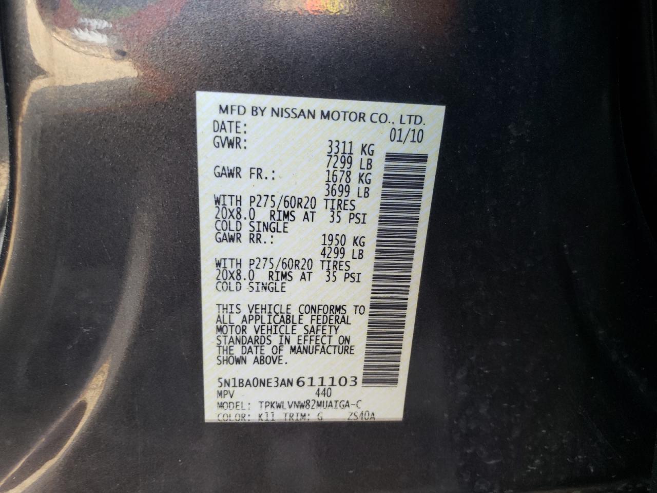 5N1BA0NE3AN611103 2010 Nissan Armada Platinum