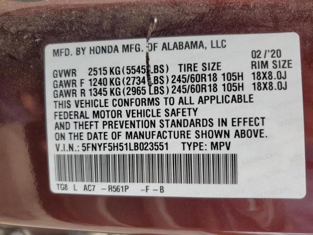 2020 HONDA PILOT EXL 5FNYF5H51LB023551  60152884