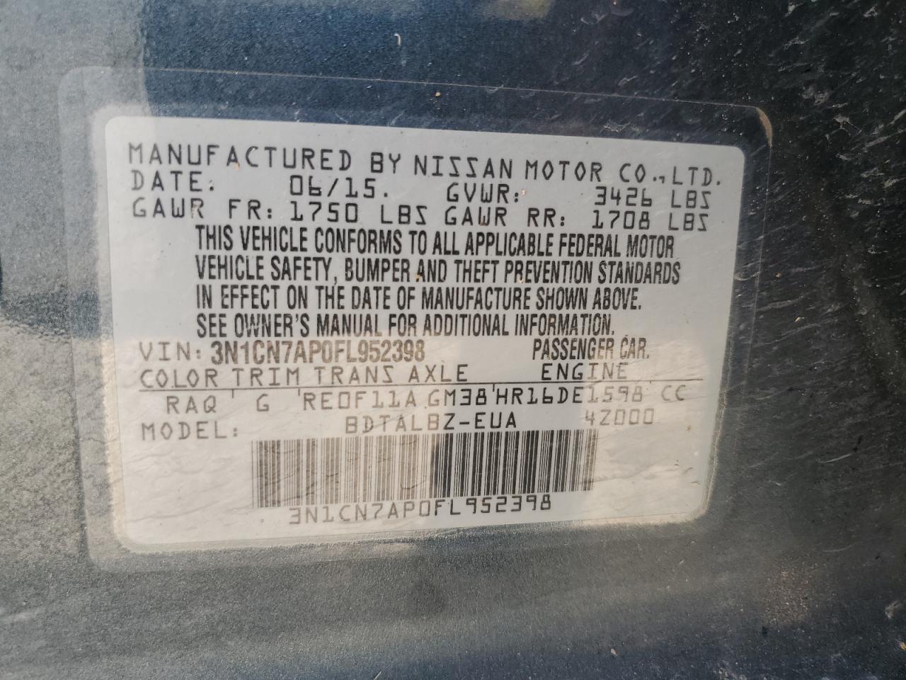 3N1CN7AP0FL952398 2015 Nissan Versa S