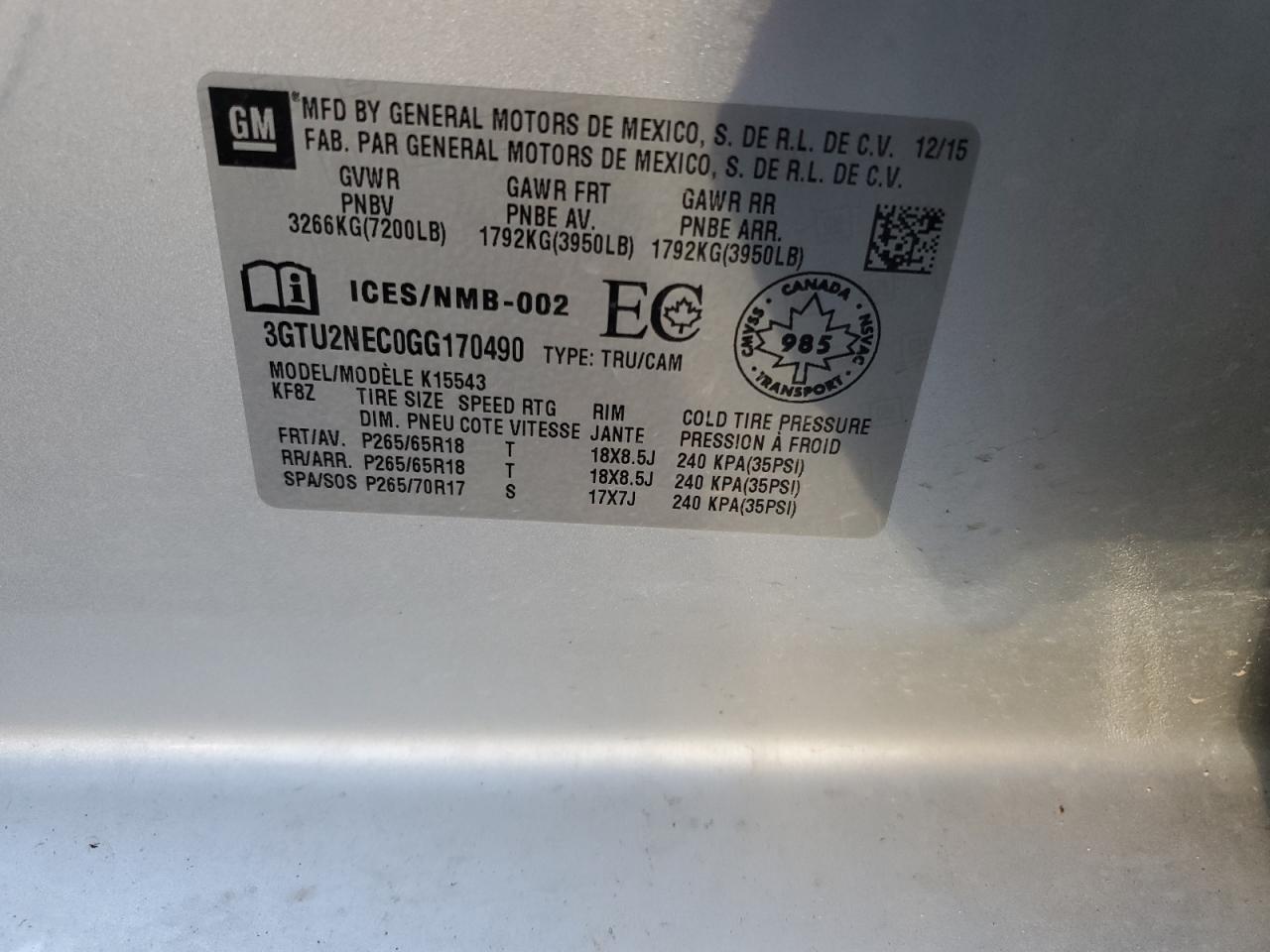 3GTU2NEC0GG170490 2016 GMC Sierra K1500 Slt