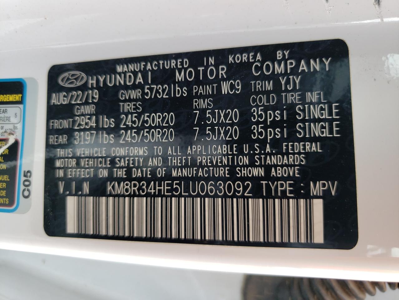 KM8R34HE5LU063092 2020 Hyundai Palisade Sel