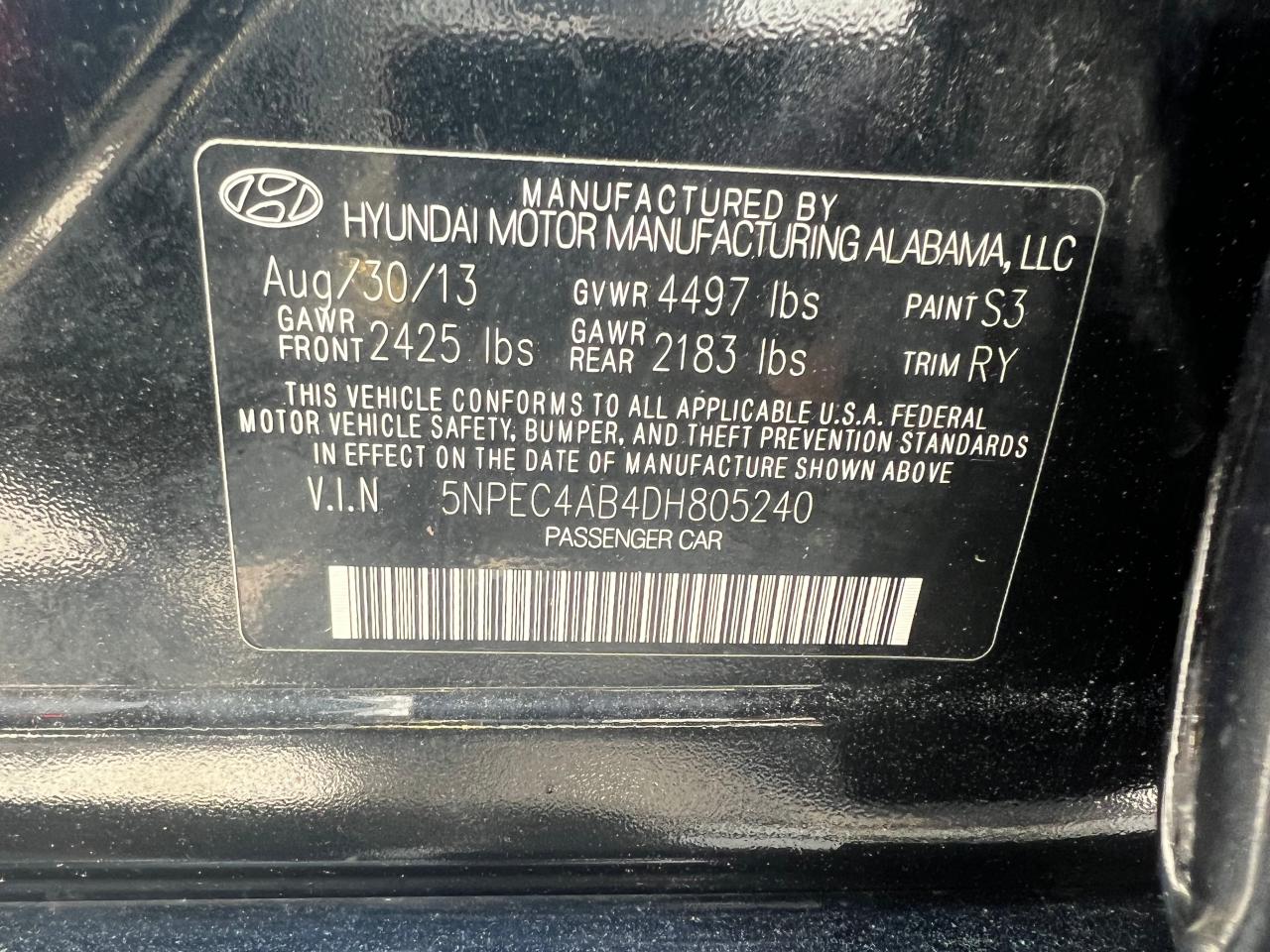 5NPEC4AB4DH805240 2013 Hyundai Sonata Se