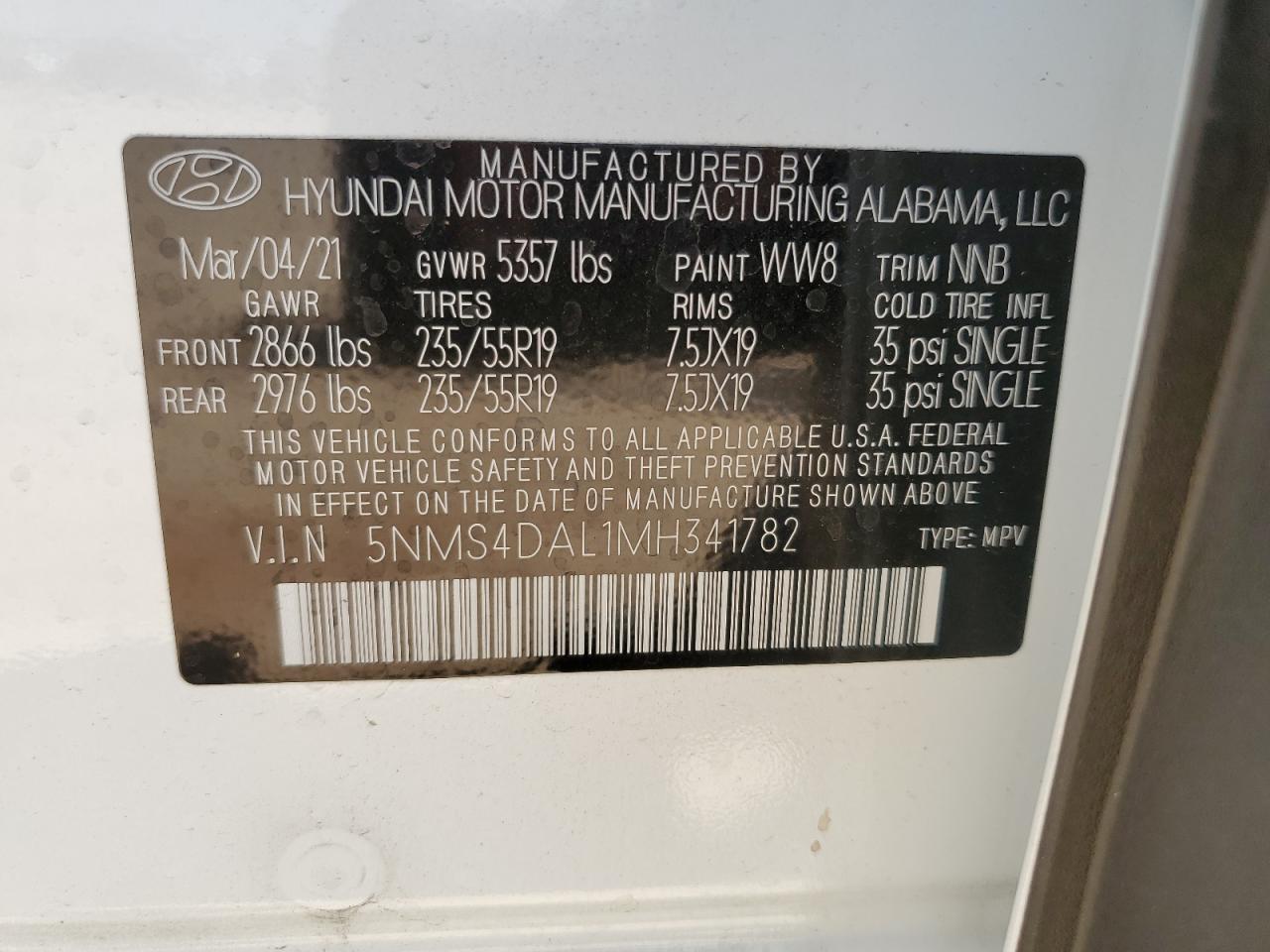 5NMS4DAL1MH341782 2021 Hyundai Santa Fe Limited