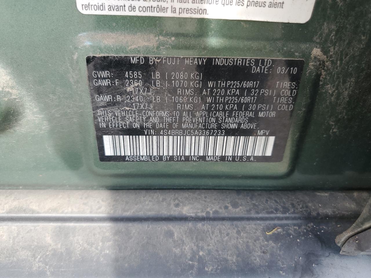 4S4BRBJC5A3367233 2010 Subaru Outback 2.5I Limited