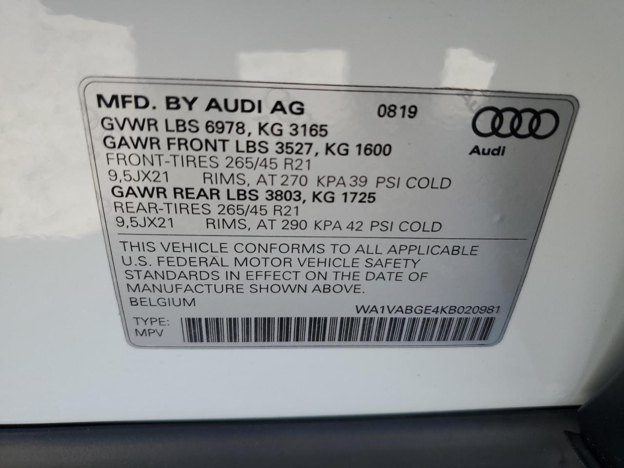 WA1VABGE4KB020981 2019 Audi E-Tron Prestige