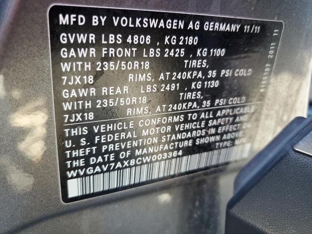 2012 Volkswagen Tiguan S VIN: WVGAV7AX8CW003364 Lot: 59668754