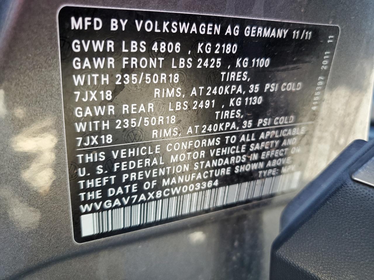 WVGAV7AX8CW003364 2012 Volkswagen Tiguan S