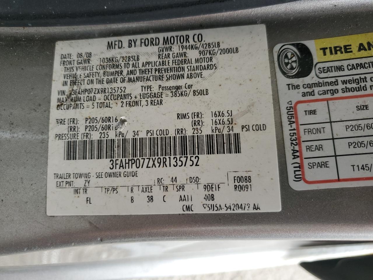 3FAHP07ZX9R135752 2009 Ford Fusion Se