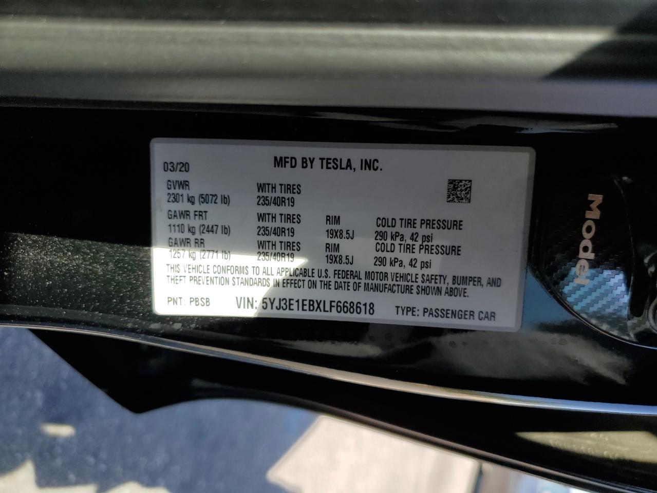 5YJ3E1EBXLF668618 2020 Tesla Model 3