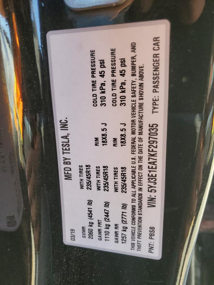 2019 Tesla Model 3 vin: 5YJ3E1EA7KF297035