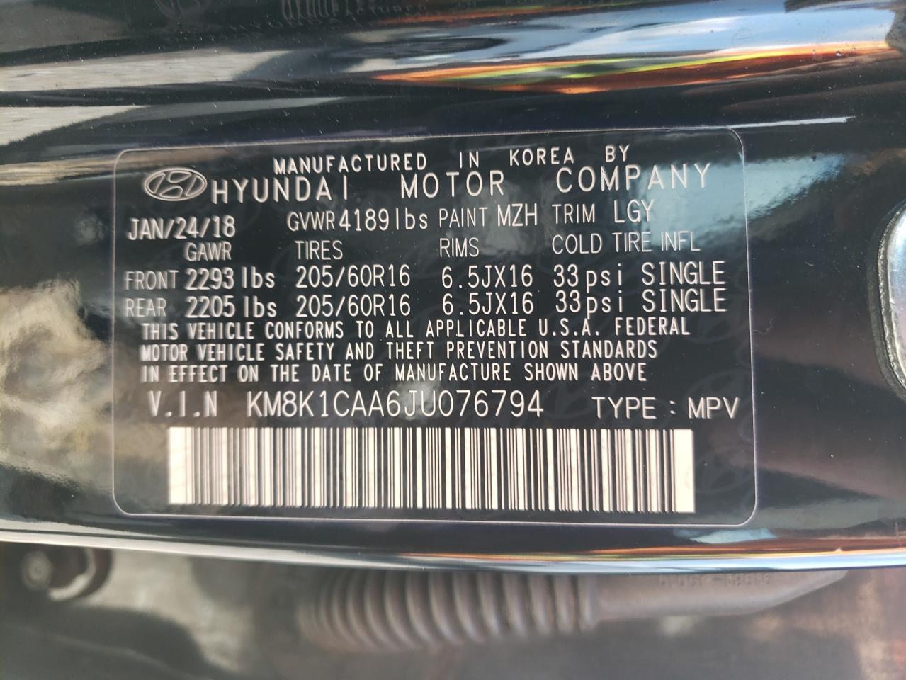 KM8K1CAA6JU076794 2018 Hyundai Kona Se