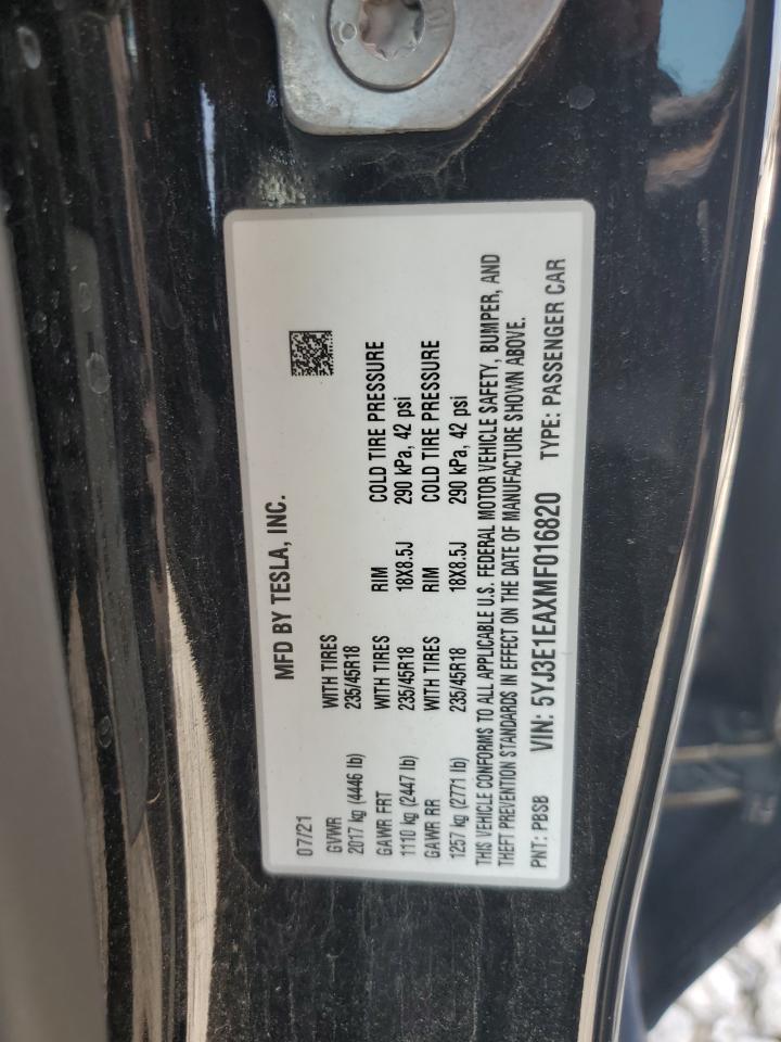 5YJ3E1EAXMF016820 2021 Tesla Model 3