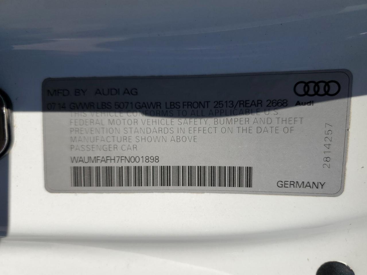 WAUMFAFH7FN001898 2015 Audi A5 Premium Plus