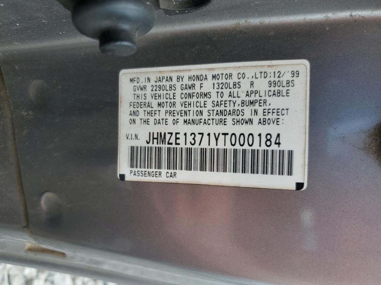 JHMZE1371YT000184 2000 Honda Insight