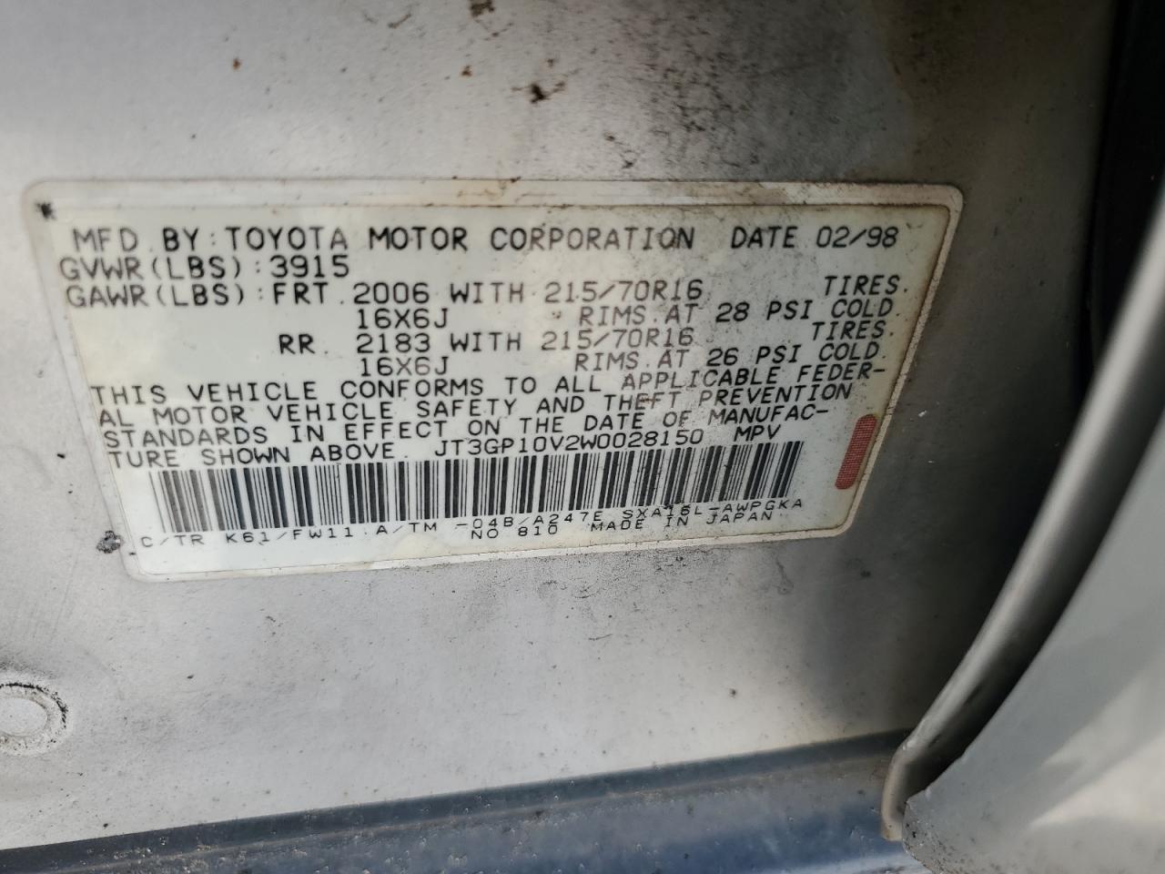 JT3GP10V2W0028150 1998 Toyota Rav4