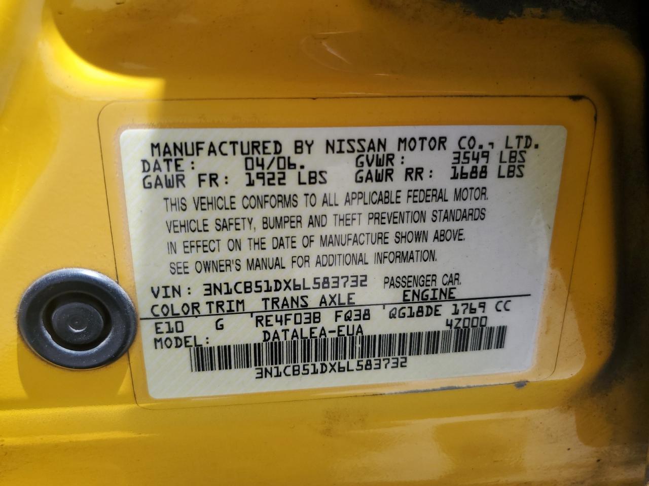 3N1CB51DX6L583732 2006 Nissan Sentra 1.8